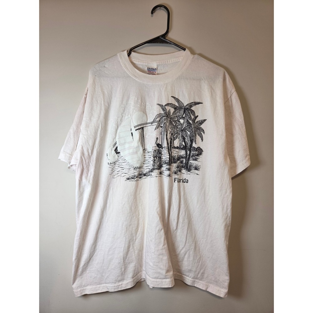 Vintage Gildan Florida Graphic T-Shirt XL White Puff Print Palm Tree Pelican